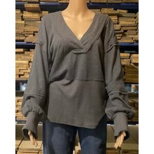 BKE Women's Waffle Knit Boho Thermal Top XL gray